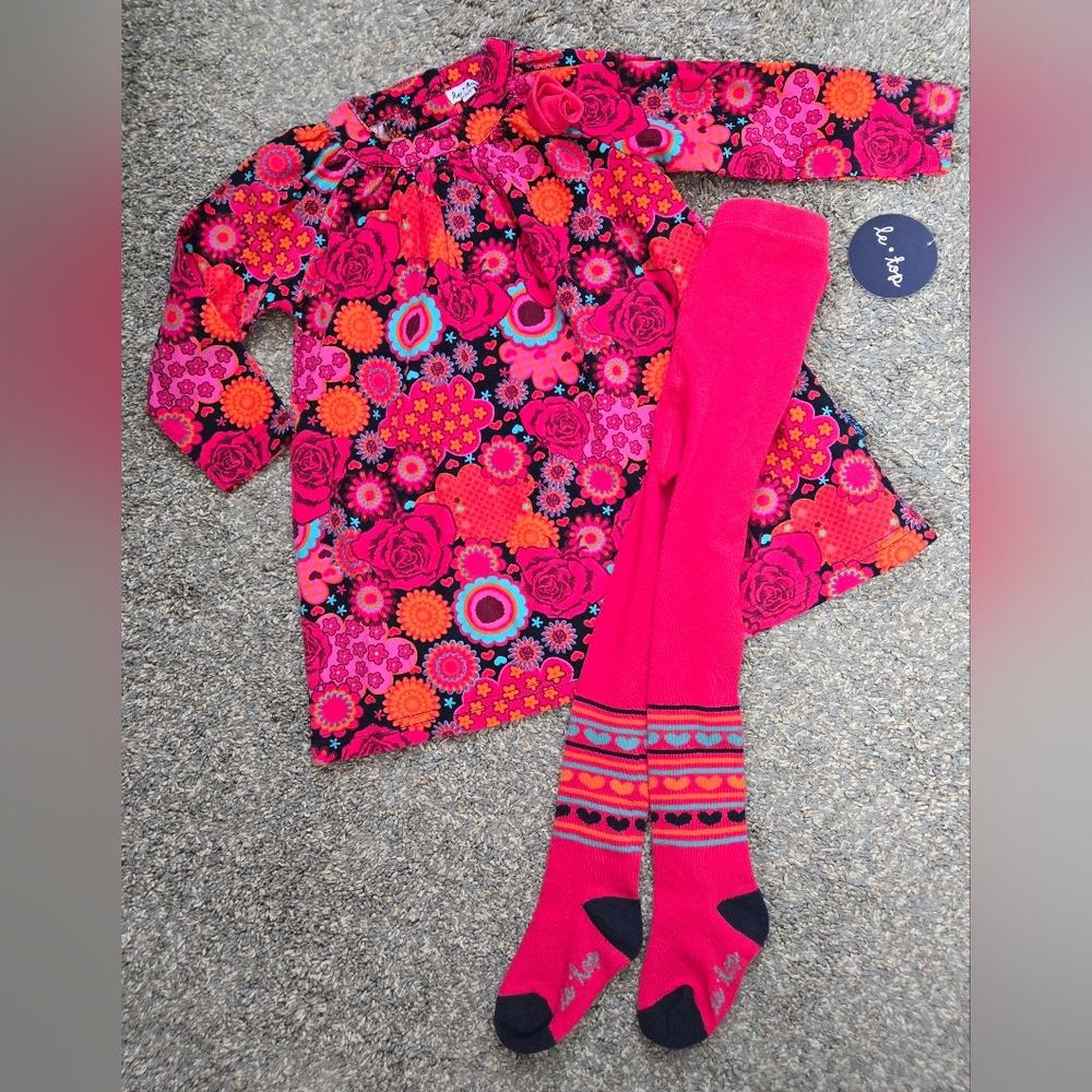 NEW Le Top Colorful Mod Floral Corduroy Dress & Tights Set Baby Girls Size 18M